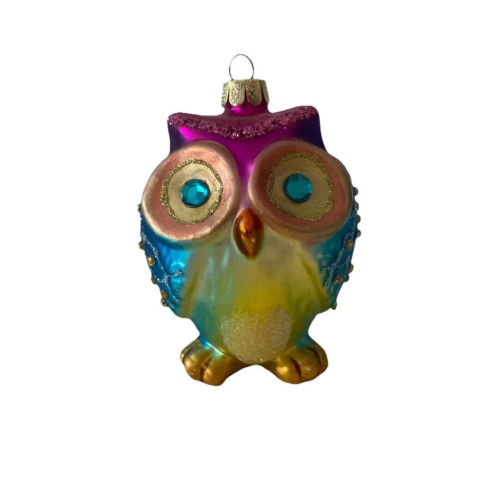 Pier 1 Colorful Bejeweled Owl Glass Ornament Hot Pink Blue Glitter Christmas